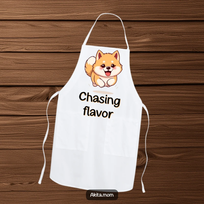 Funny Akita apron showing a dog bounding forward with enthusiasm. Humorous and practical kitchen gift for Akita fans.