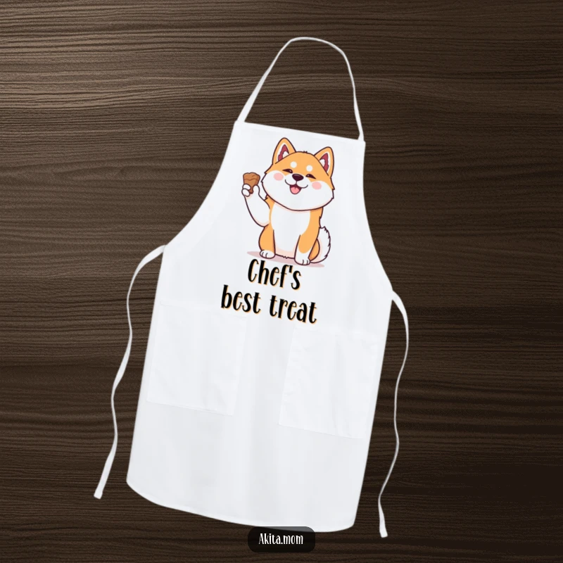 Funny Kawaii Akita apron, a happy dog proudly holding a treat, perfect for kitchen fun and protection.