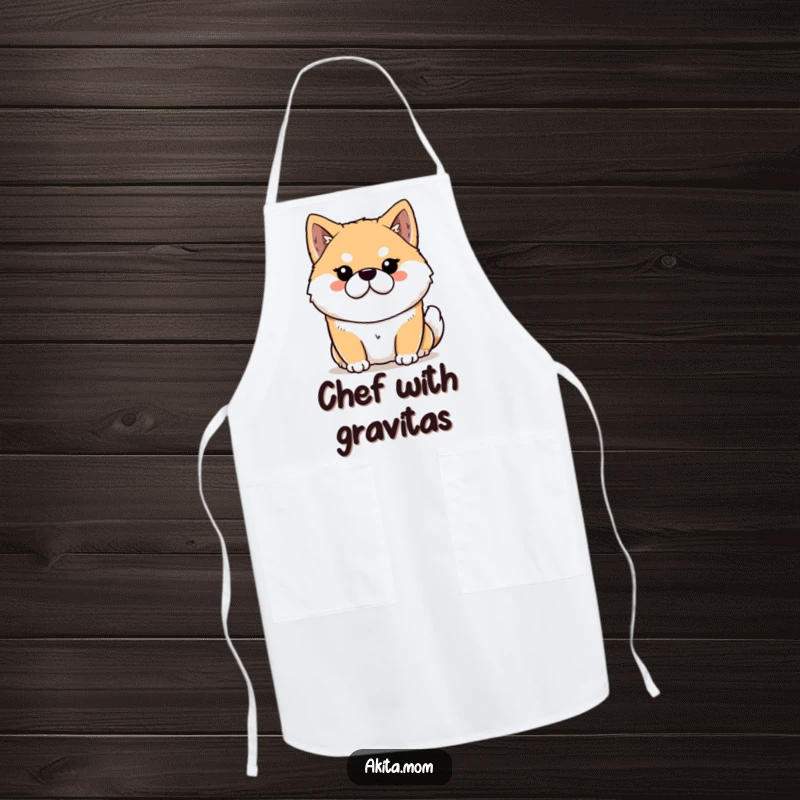 Funny Kawaii Akita apron showing a dignified dog with a stern but loving expression, perfect for a chef or baker.