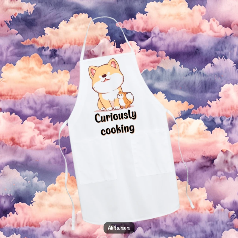 Funny apron with an Akita dog in a curious head tilt, eyes wide with interest, ready to help cook.