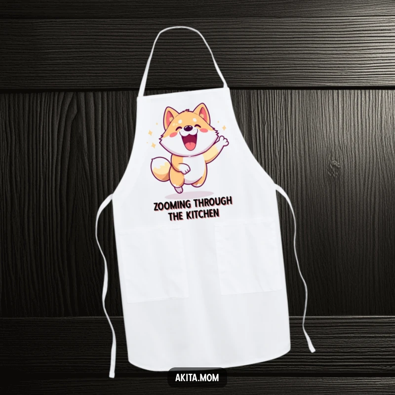 Energetic Akita Zoomie Apron: An Akita character performing a happy zoomie, adding funny energy to the kitchen.