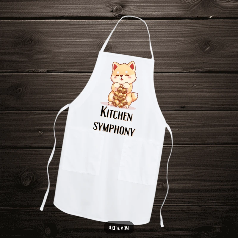 Funny Akita cub apron showing a cute puppy balancing a stack of jingly bells, ideal for adding humor to cooking.