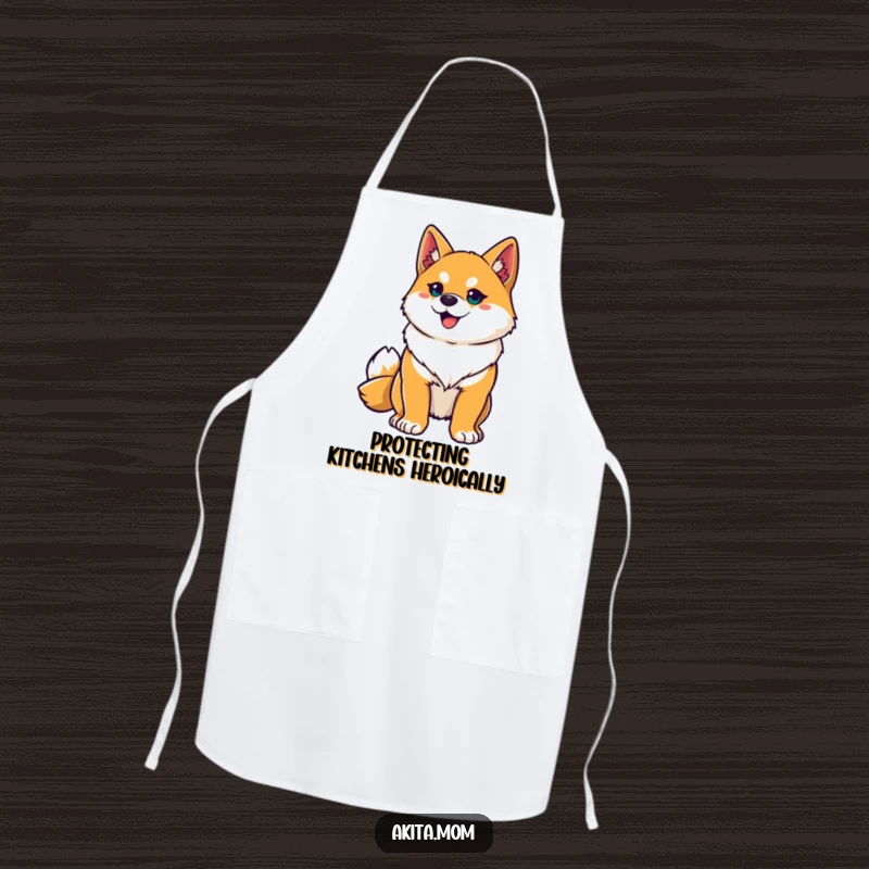 Funny Akita hero apron showing a proud Akita striking a heroic pose, ready to tackle any culinary challenge with humor.