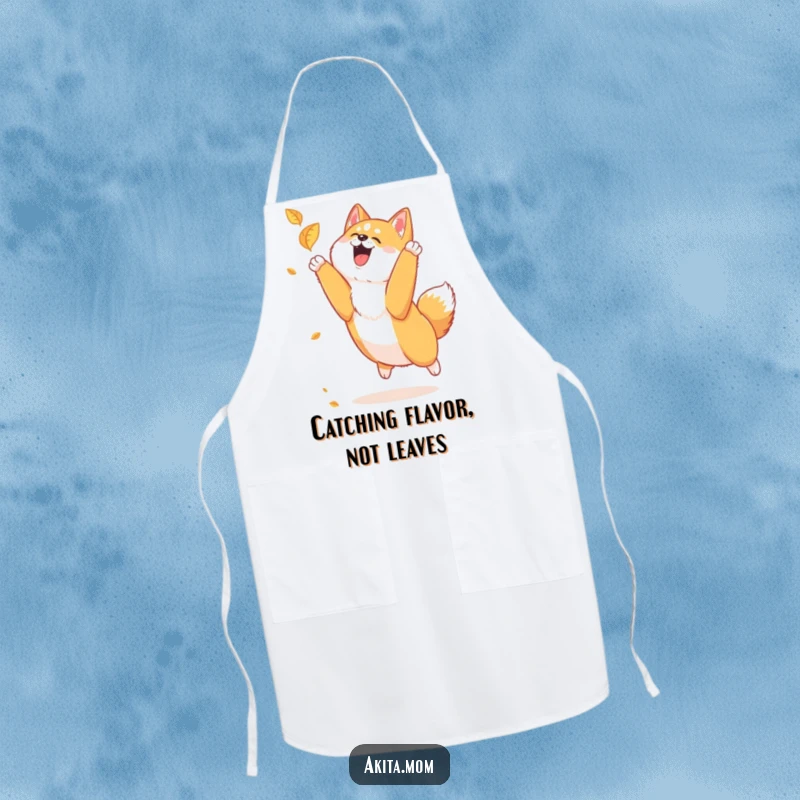 Funny Akita leaf chase apron showing a loyal Akita joyfully leaping to catch a falling leaf, bringing autumnal cheer to cooking.