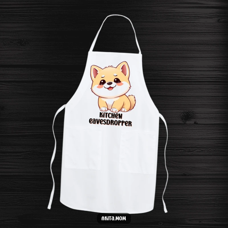 Funny Akita cub apron showing a cute puppy looking upwards with alert ears, ideal for adding humor to kitchen activities.