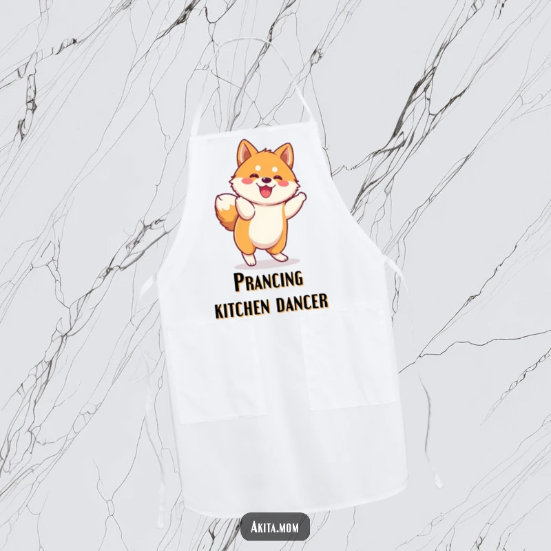 Funny Kawaii Akita Apron: Cute dog character in a funny, spirited prance, a playful and charming kitchen accessory.