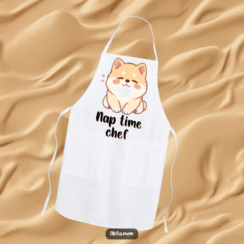 Funny Kawaii Akita apron, a relaxed dog sighing contently while resting its head, perfect for kitchen calm.