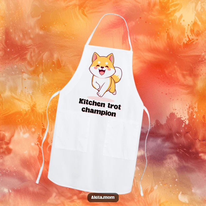 Funny Kawaii Akita apron, a happy dog energetically trotting with a curved tail, perfect for kitchen fun.
