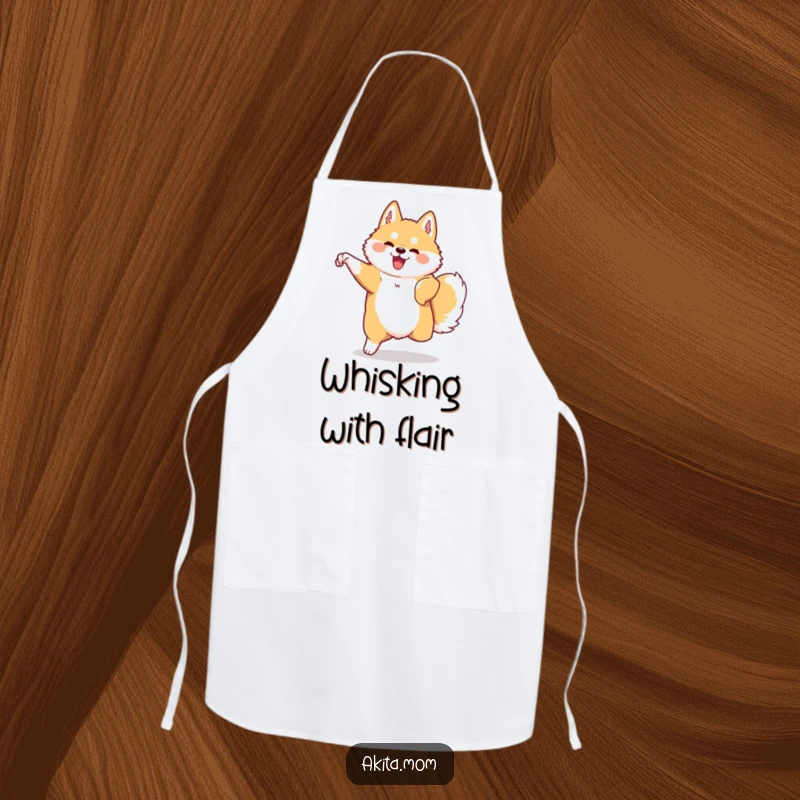 Funny Kawaii Akita apron showing a dog in graceful, swift movement. Humorous kitchen wear for Akita fans.