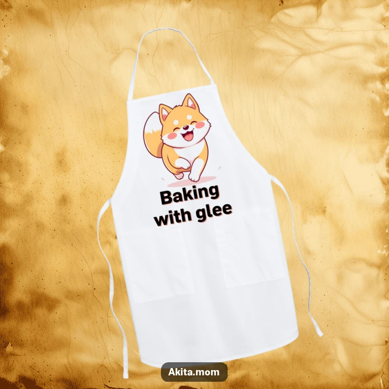 Funny Kawaii Akita apron featuring a dog trotting happily. Humorous kitchen wear for Akita fans.