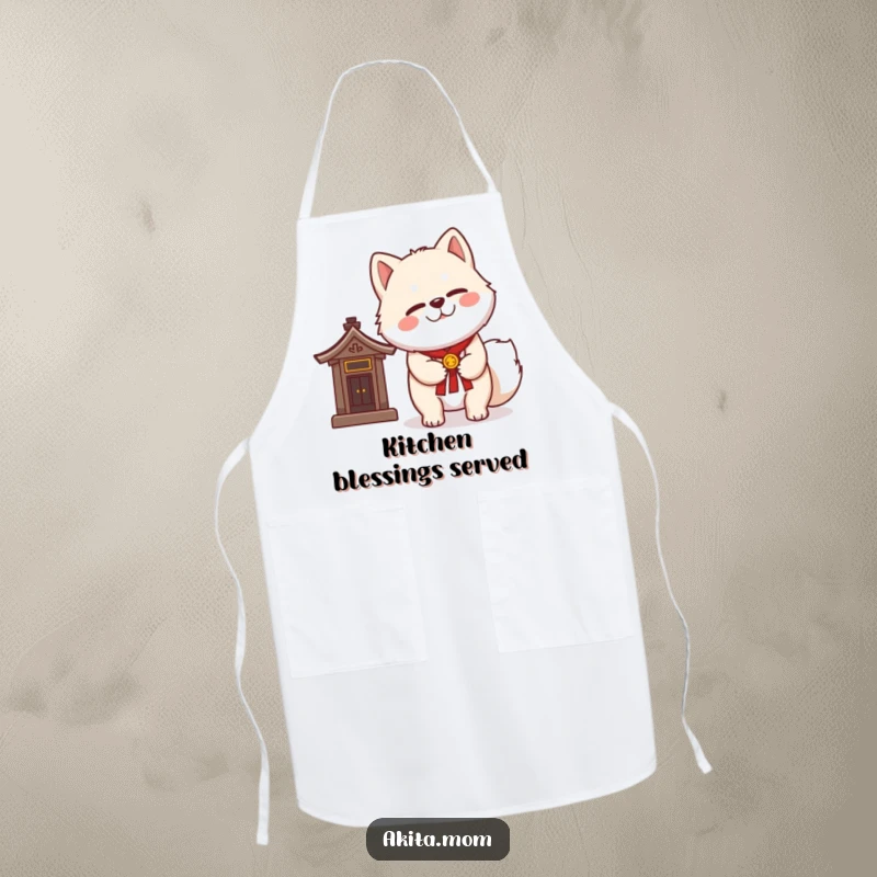 Funny Kawaii Akita apron with a dignified wink, standing next to a miniature shrine, ready for kitchen blessings.
