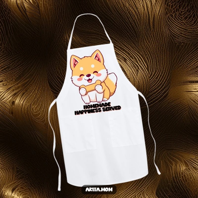 Funny Kawaii Akita apron with a gentle-smiling dog offering its favorite toy bone, spreading kindness in the kitchen.