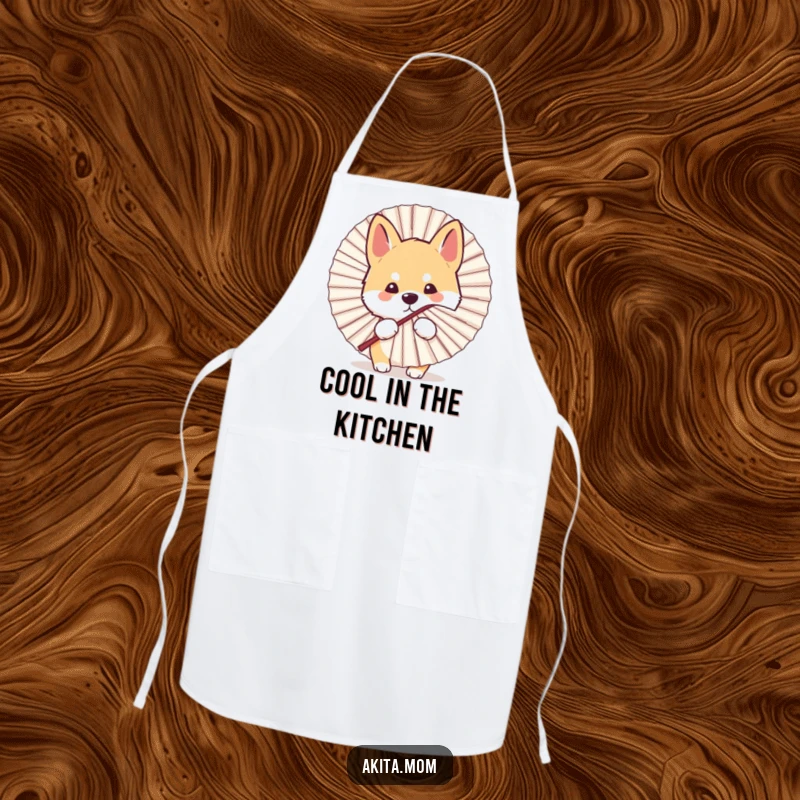 Funny Kawaii Akita dog apron, showing a cute peek from behind a fan, adding playful humor and practicality to the kitchen.
