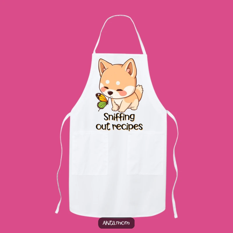 Funny Kawaii Akita Dog Sniffing Butterfly Apron - Chef's Whimsical Kitchen Gift!