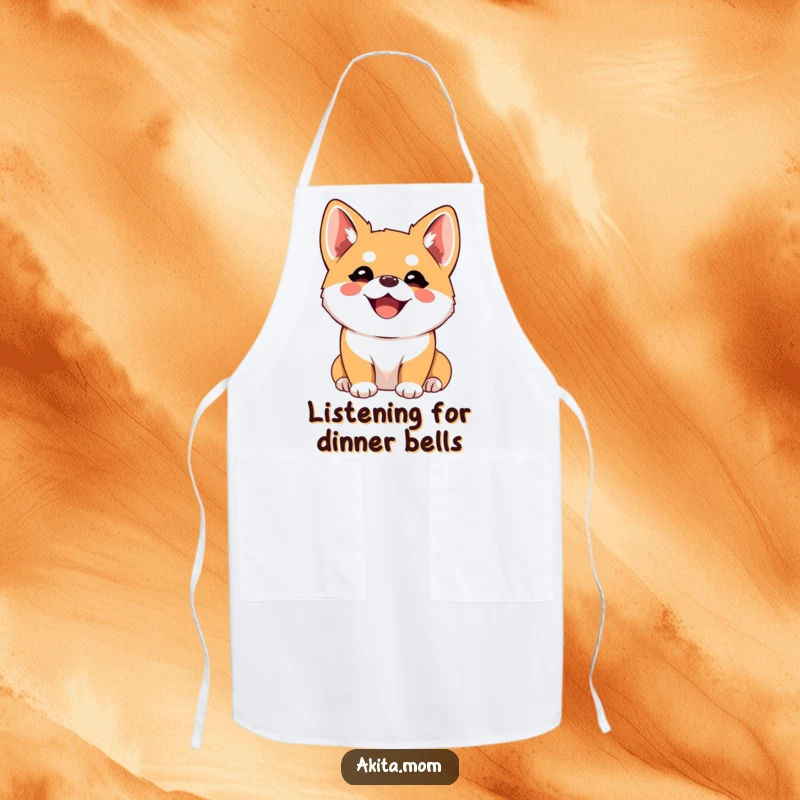 Funny Kawaii Akita Apron, a joyful dog with perked ears listening intently while cooking, cute kitchen accessory, great funny gift.