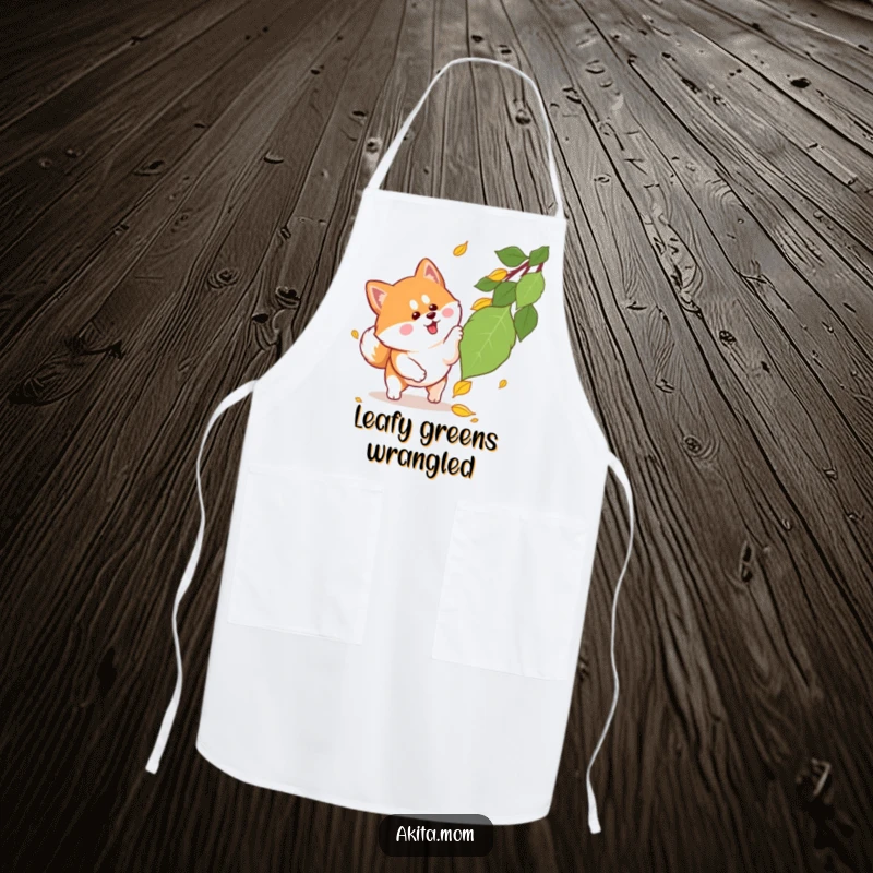 Funny Kawaii Akita apron showing a happy dog with alert ears playfully pouncing towards a falling autumn leaf, ready for culinary fun.