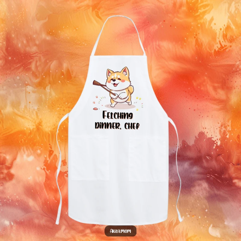 Funny Kawaii Akita dog apron, showing a dog with determination fetching a stick, ideal for focused cooking.