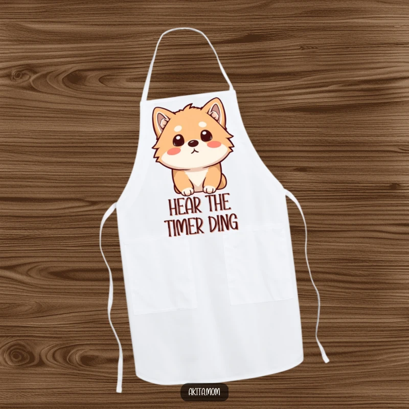 Funny Kawaii Akita apron showing a dog with a curious head tilt, listening intently. Humorous kitchen wear.