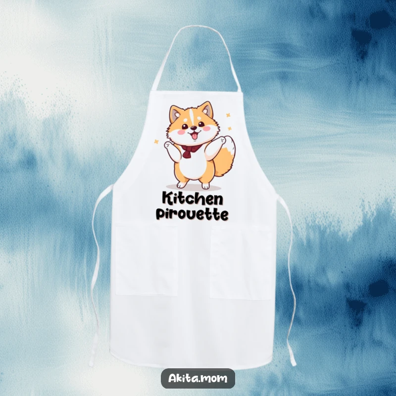 Funny Kawaii Akita Apron, a cute dog performing a dignified yet cheerful spin, a humorous and practical kitchen accessory.