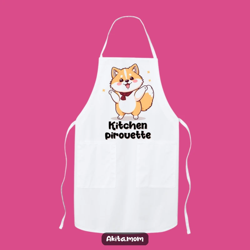 Cook with flair in this funny Kawaii Akita apron, showcasing a dog's cheerful spin. A fun and funny gift for the kitchen.