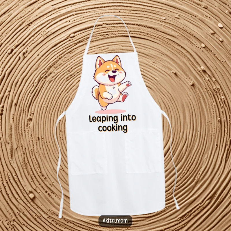 Funny Kawaii Akita dog apron, showing a playful leap, adding humor and practicality to any cooking or baking session.