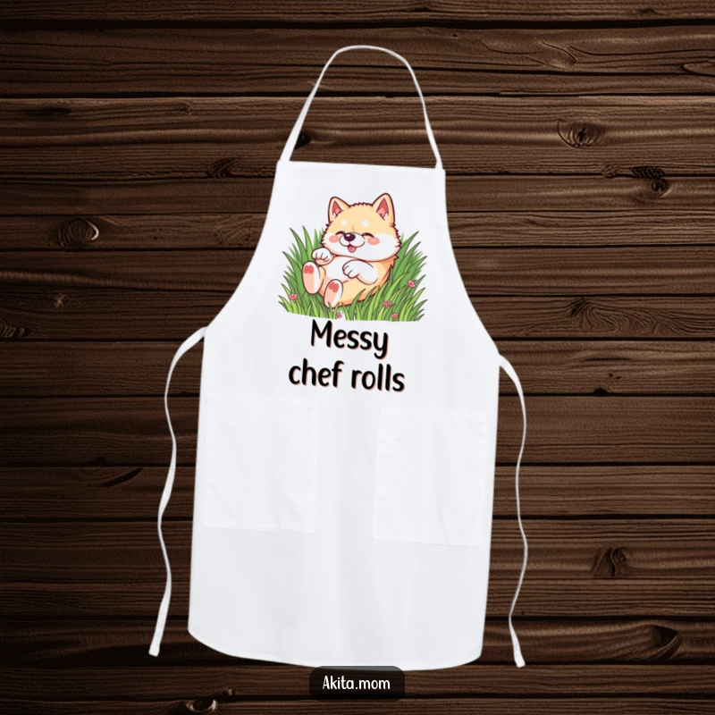 Funny Kawaii Akita dog apron, showing a dog rolling playfully in the grass, ideal for adding humor to cooking.