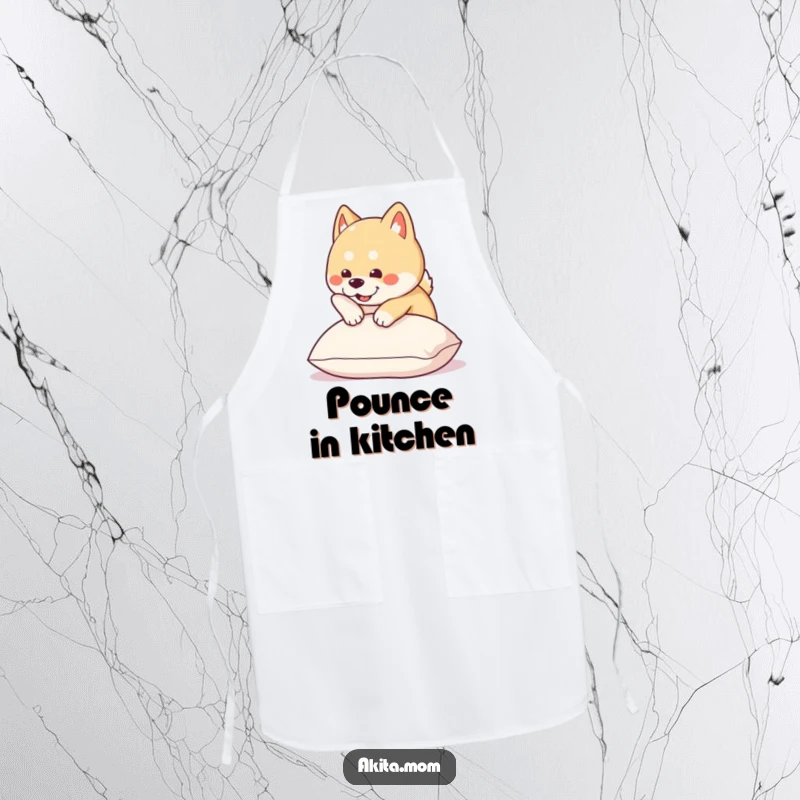 Funny Kawaii Akita apron shows a cute dog about to pounce onto a cushion, perfect for humorous kitchen activities.