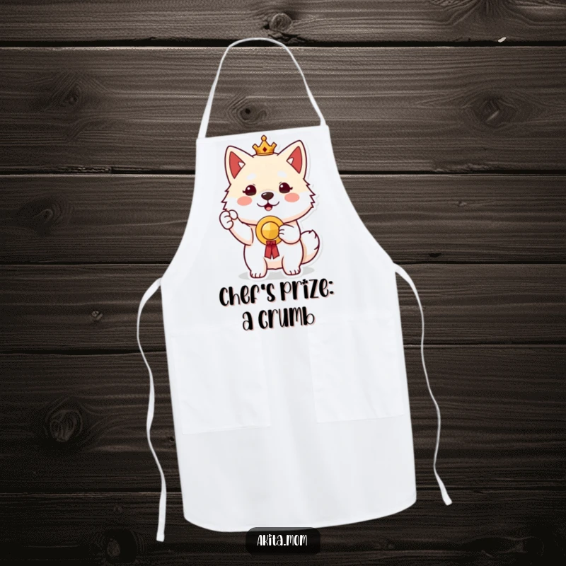 Proud Akita Prize Apron: A proud Akita character holding up a small prize, showcasing culinary achievements with humor.