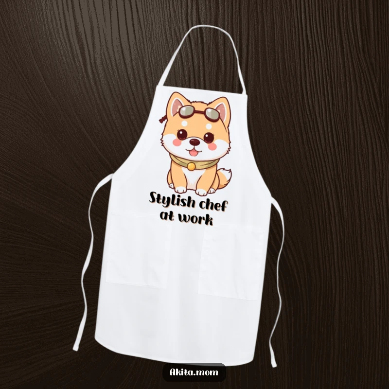 Funny Kawaii Akita dog apron, showing a dog wearing a charming accessory, ideal for adding humor to cooking.