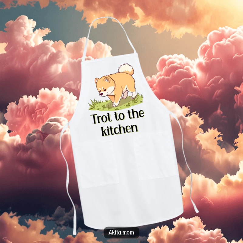 Funny Kawaii Akita apron, showing a dog in a dignified trot exploring grass, ideal for cooks and gardeners who appreciate subtle humor.