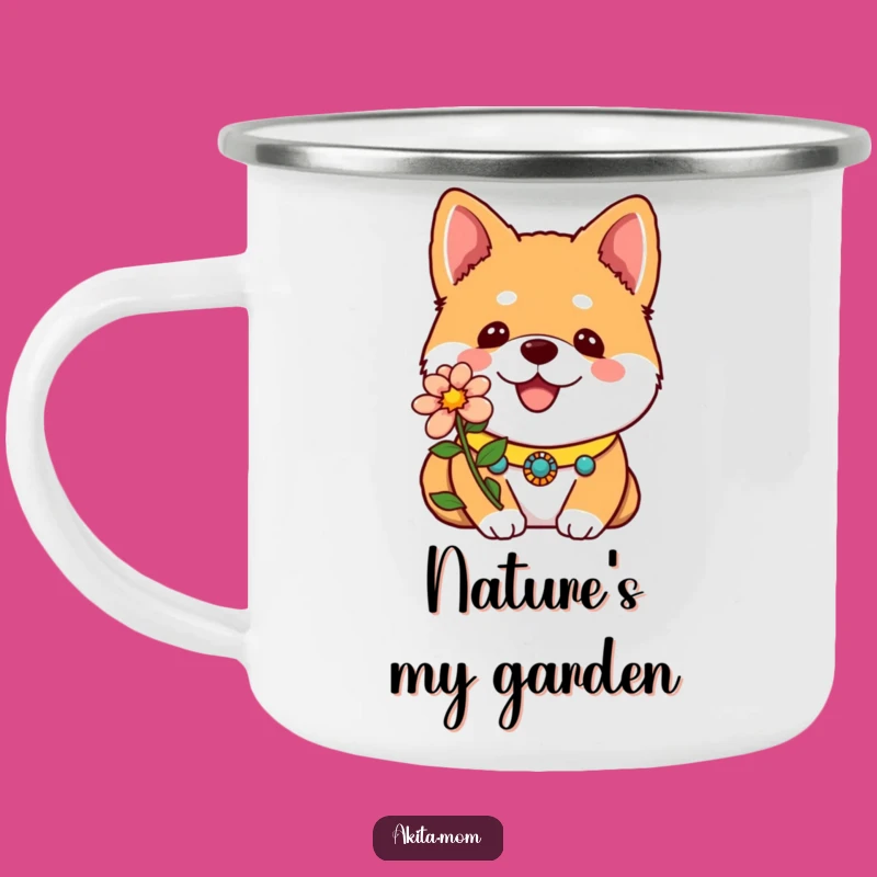 Enjoy your brew with this funny Kawaii Akita camping mug, featuring a happy dog and a flower. A durable and funny gift for outdoor lovers.