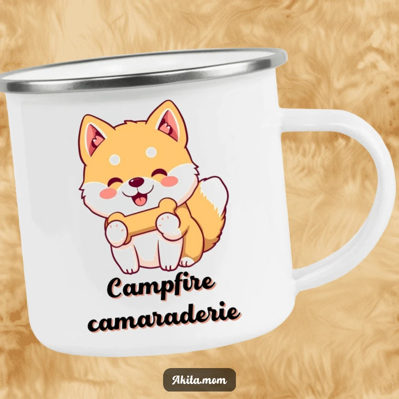 Funny Kawaii Akita camping mug showing a gentle-smiling dog offering its favorite toy bone, ready for sharing stories and warm drinks.
