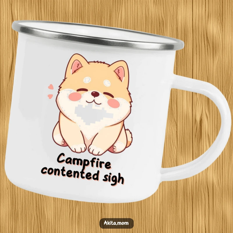 Funny Kawaii Akita camping mug, a content dog sighing while resting its head, built for relaxation.