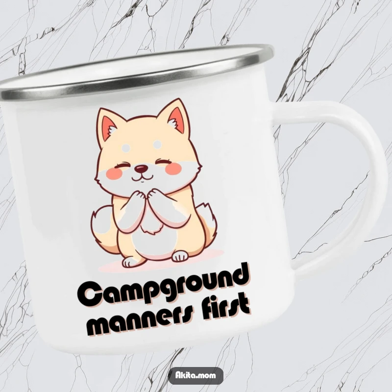 Funny Kawaii Akita camping mug showing a dog with dignified posture bowing politely, offering a warm welcome for your drinks outdoors.