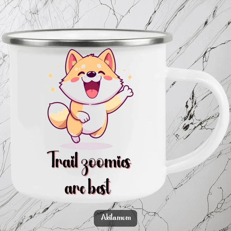 Energetic Akita Zoomie Camping Mug: An Akita character performing a happy zoomie, ideal for energetic outdoor moments.