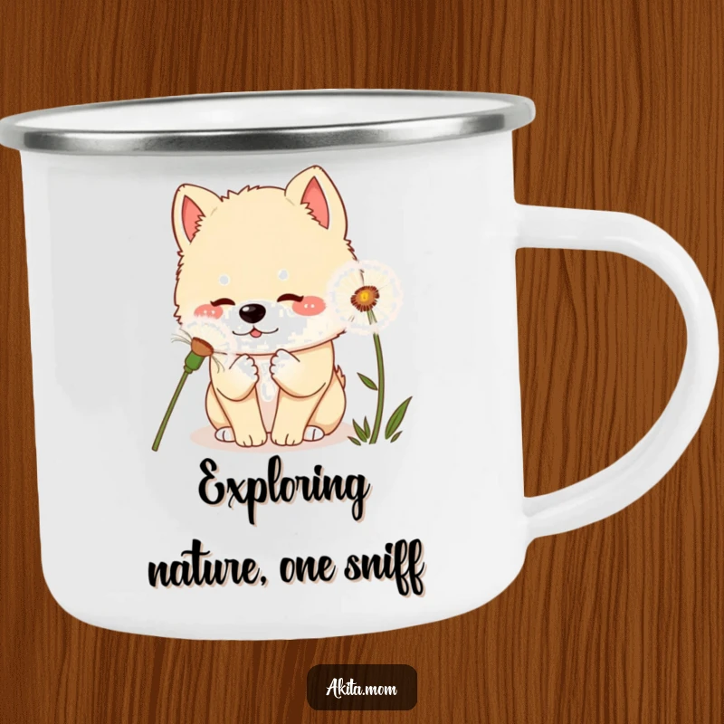 Curious Kawaii Akita Dandelion Camping Mug: A kawaii Akita dog curiously sniffing a giant dandelion, ideal for outdoor exploration.