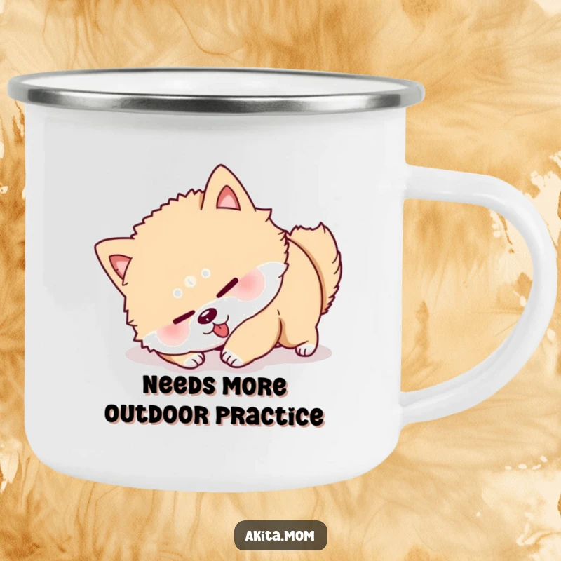 Funny Akita Roll Over Camping Mug: A determined Akita character hilariously tries to roll over, perfect for outdoor fun.