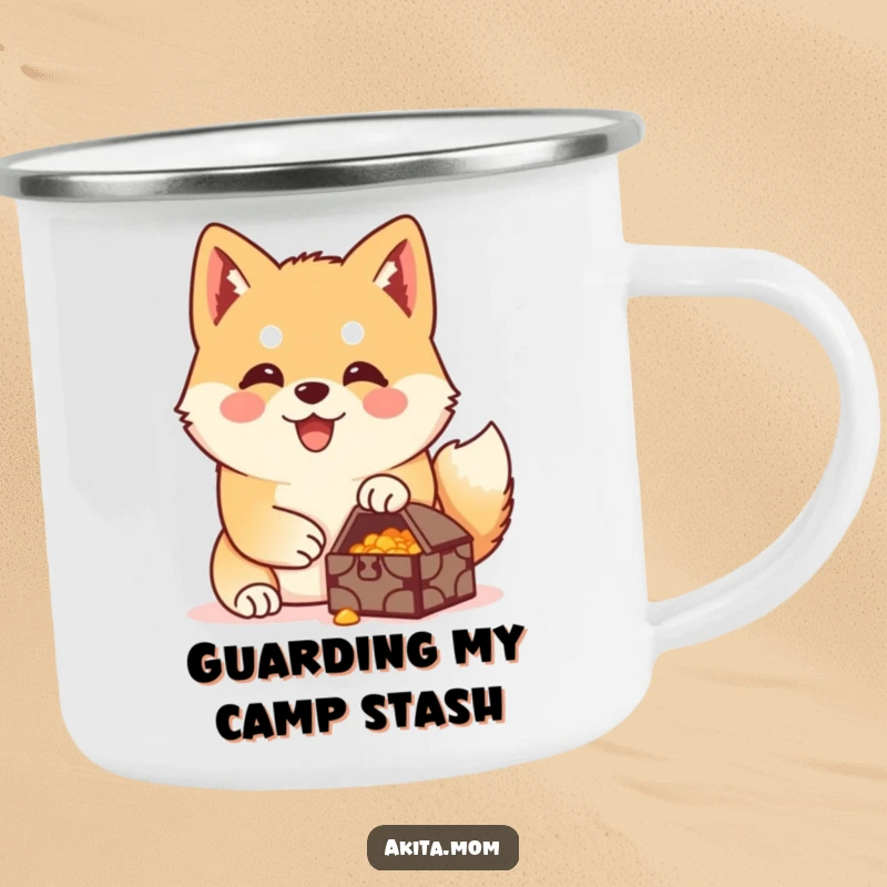 Funny Akita treasure guardian camping mug featuring a happy Akita guarding a small treasure, ready for outdoor vigilance.