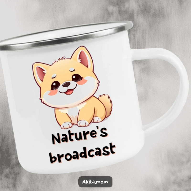 Funny Akita cub camping mug featuring a cute puppy looking upwards with alert ears, perfect for outdoor enthusiasts.