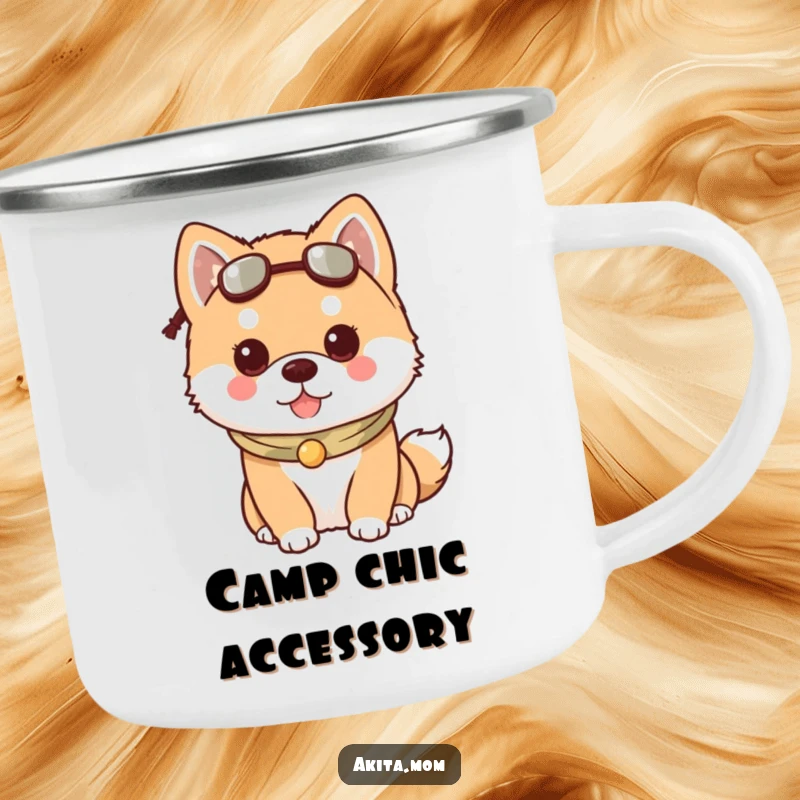 Funny Kawaii Akita dog camping mug, showing a dog wearing a charming accessory, perfect for stylish outdoor enjoyment.