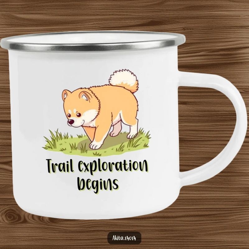 Funny Kawaii Akita camping mug, showing a dog in a dignified trot exploring grass, perfect for enjoying peaceful moments outdoors.