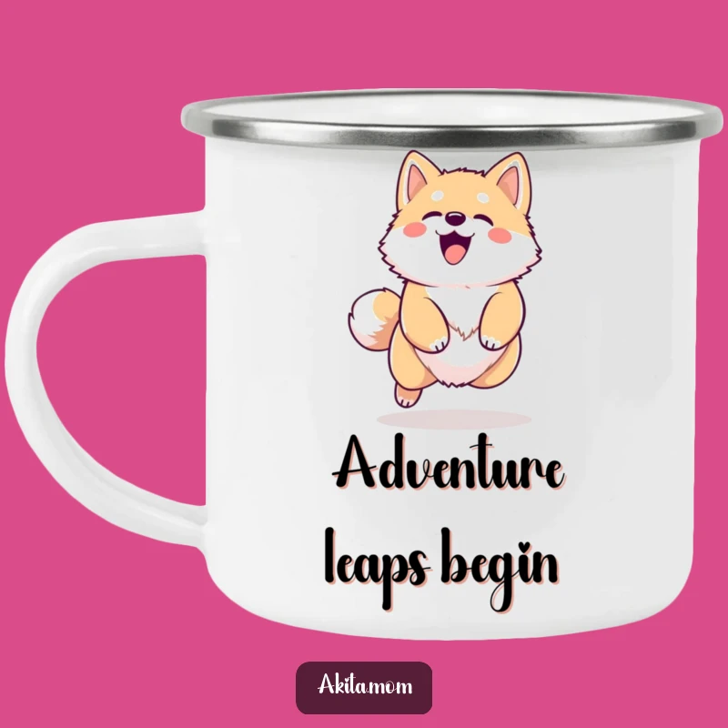 Funny Kawaii Akita Camping Mug: Happy Barking Dog Camp Cup, Perfect Gift for Hikers