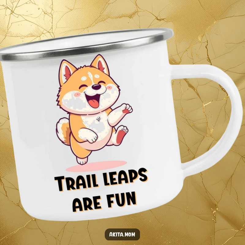 Funny Kawaii Akita dog camping mug, depicting an energetic leap, ideal for outdoor adventures and bringing a smile.