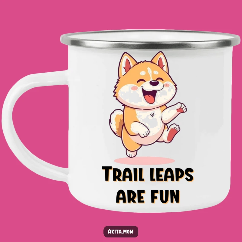 Funny Kawaii Akita Dog Leaping Camping Mug - Energetic Outdoor Humor Gift!