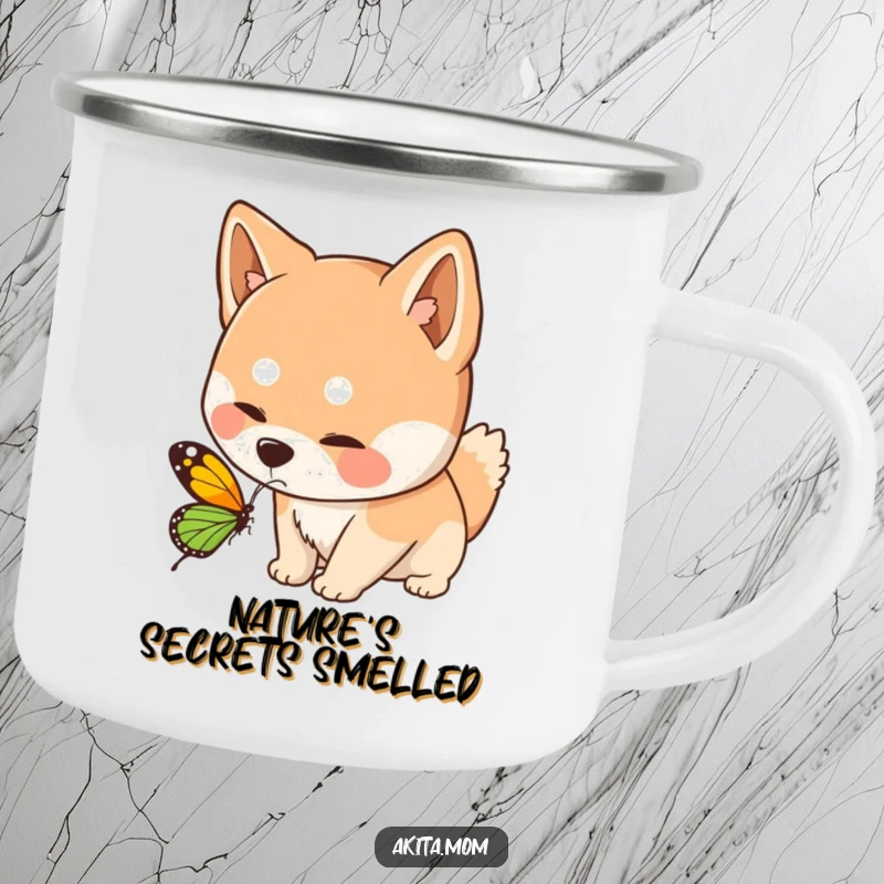 Funny Kawaii Akita dog camping mug, showing a curious sniff at a butterfly, perfect for outdoor enjoyment with a touch of whimsy.