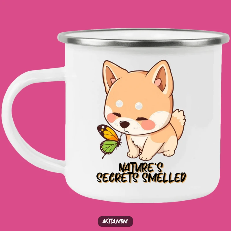 Funny Kawaii Akita Dog Sniffing Butterfly Camping Mug - Outdoor Whimsy Humor Gift!