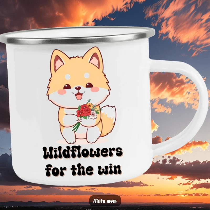 Funny Kawaii Akita camping mug showing a proud dog carrying a small bouquet of flowers, ready for outdoor enjoyment and proud moments.