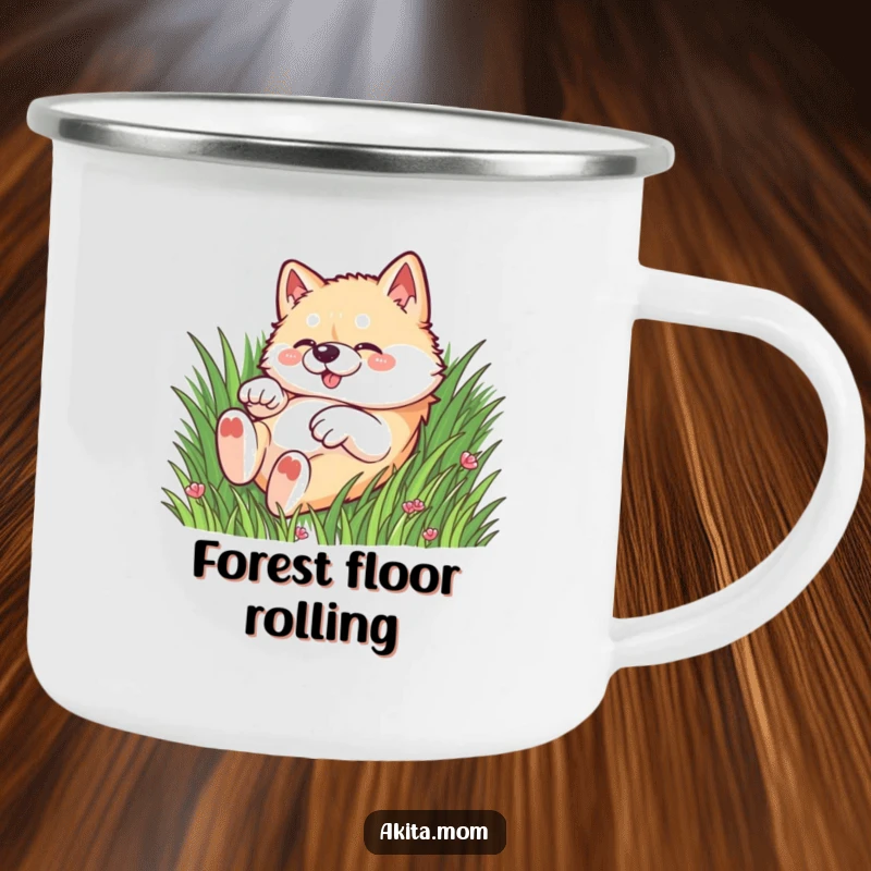 Funny Kawaii Akita dog camping mug, showing a dog rolling playfully in the grass, perfect for outdoor enthusiasts.