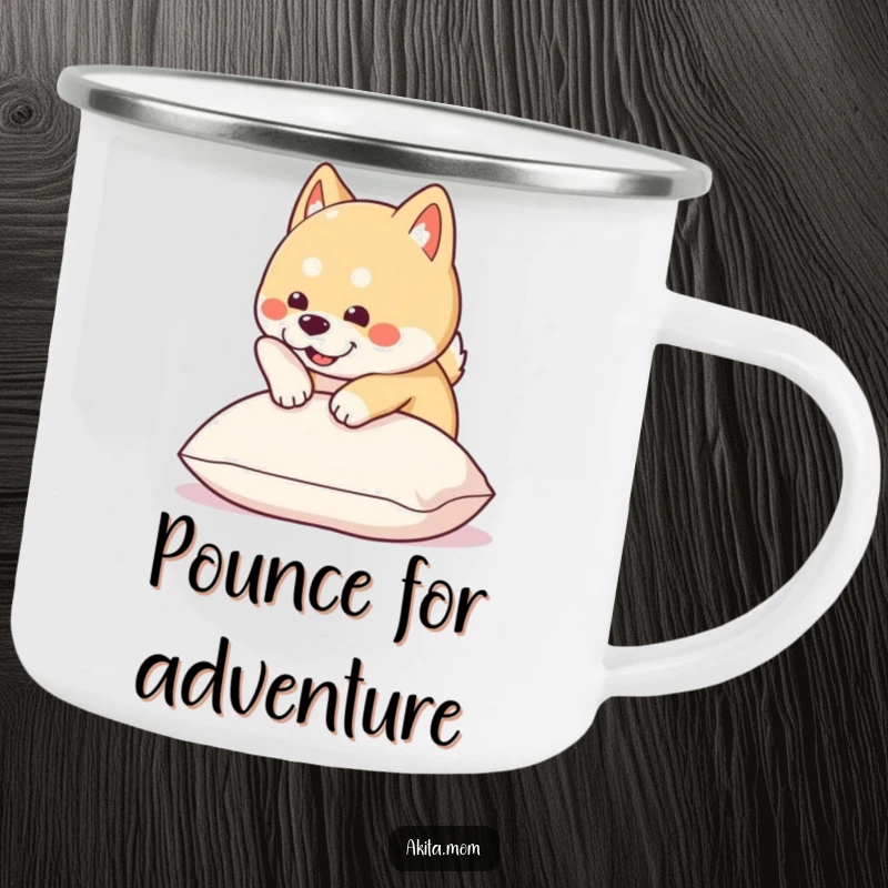 Funny Kawaii Akita camping mug depicts a cute dog joyfully pouncing onto a soft cushion, designed for outdoor fun.