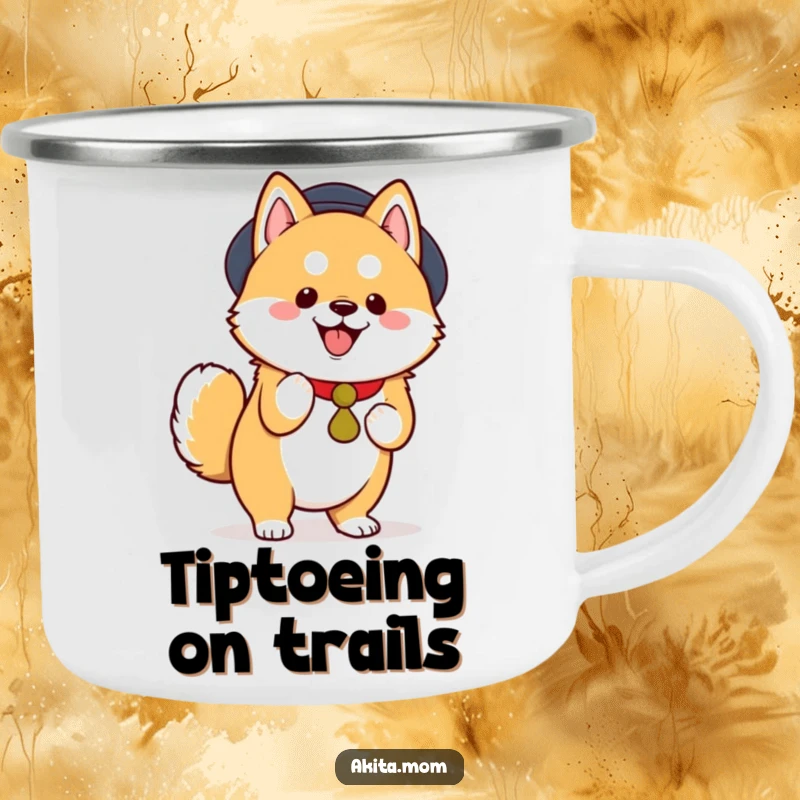 Funny Kawaii Akita Camping Mug, a cute dog performing a dignified, joyful tiptoe, sturdy and portable, perfect outdoor funny gift.